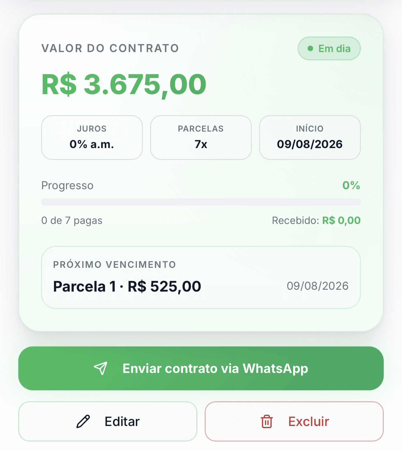 Tela de um contrato no app Jurex, mostrando valor, parcelas e progresso de pagamento