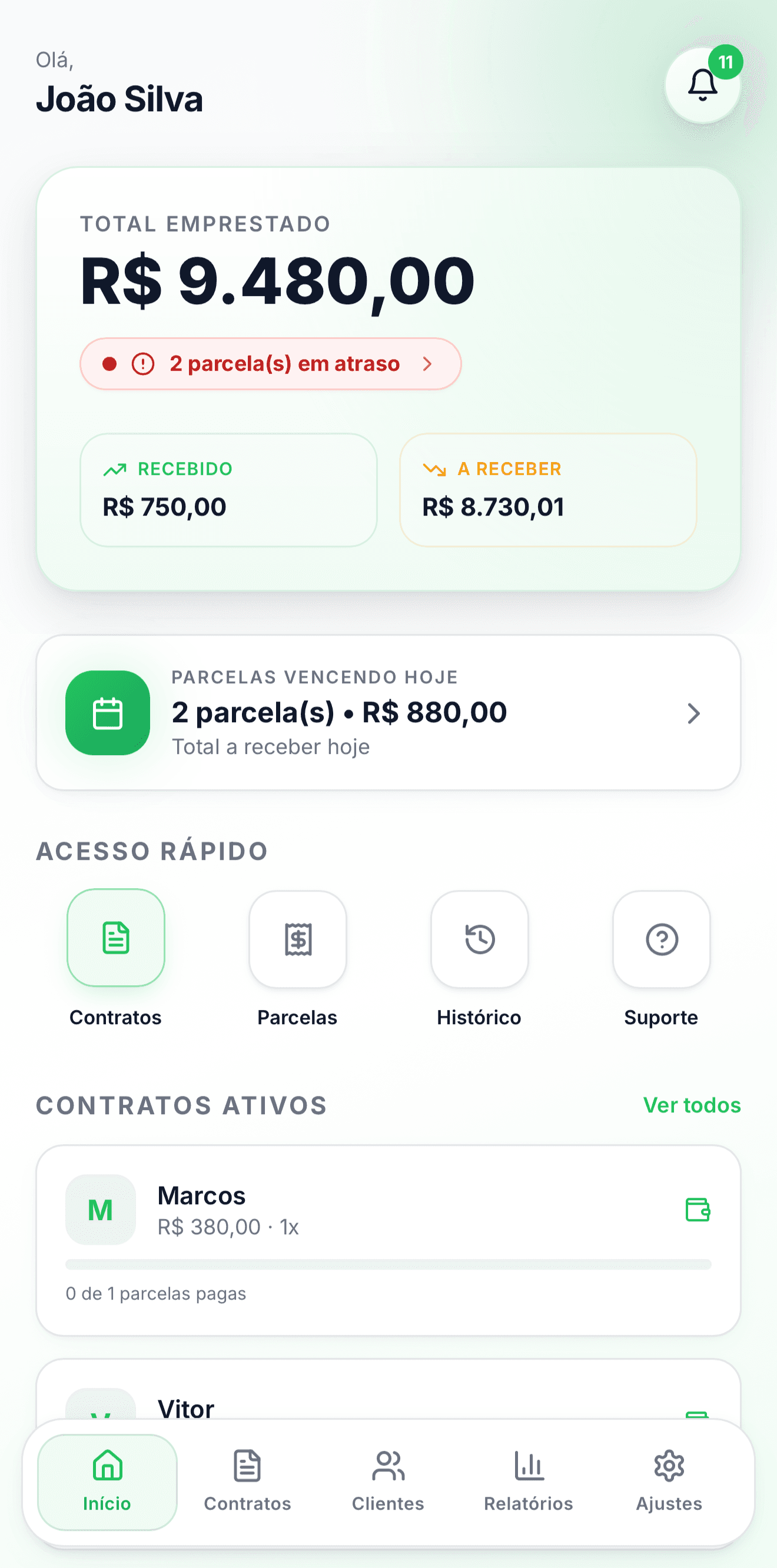 Tela inicial do app Jurex no celular, mostrando total emprestado, valores recebidos e a receber, parcelas do dia e contratos ativos