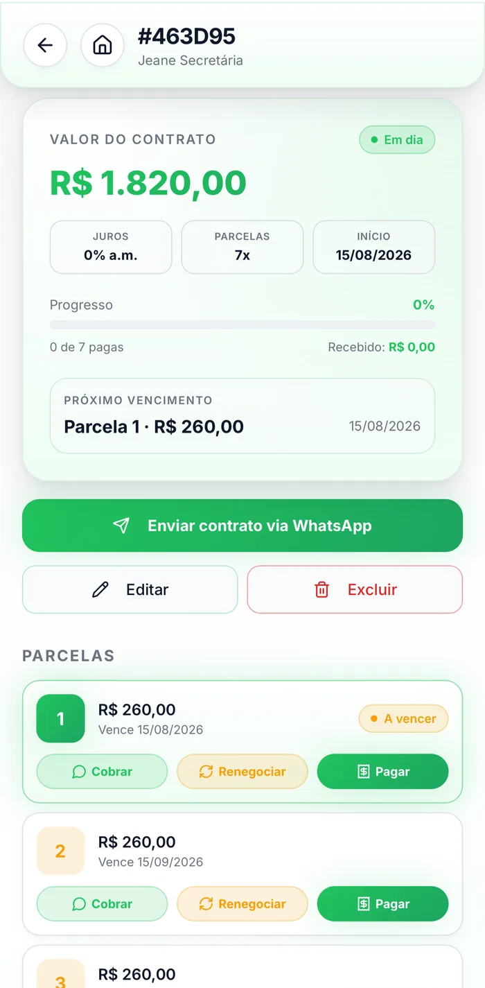 Tela de contrato no app Jurex, com valor, parcelas e progresso de pagamento