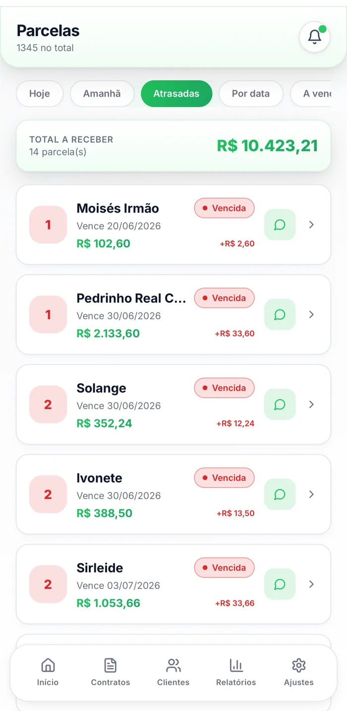 Tela de lista de parcelas no app Jurex, com parcelas atrasadas e valores a receber