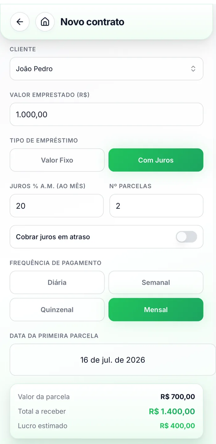 Tela de criação de contrato no app Jurex, com valor emprestado, juros e parcelas