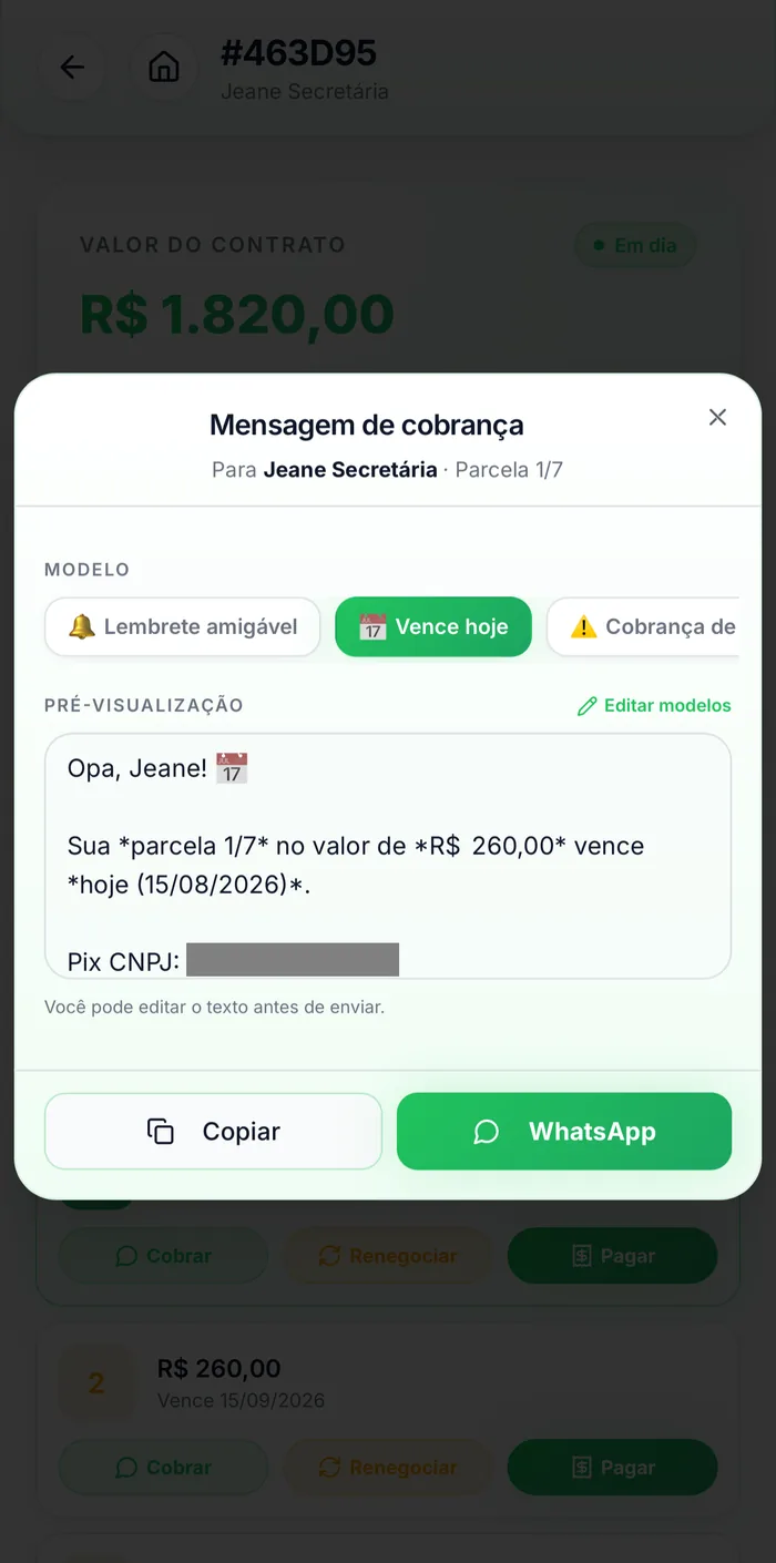 Tela de mensagem de cobrança no app Jurex, pronta para enviar pelo WhatsApp